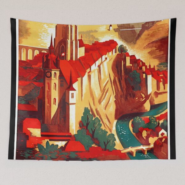 Item preview, Vintage Fribourg Travel Poster | Art Deco Style | Swiss Tourism | Mid 20th Century Graphic Art Print | Bold & Vibrant Colors designed and sold by artofuniverse.