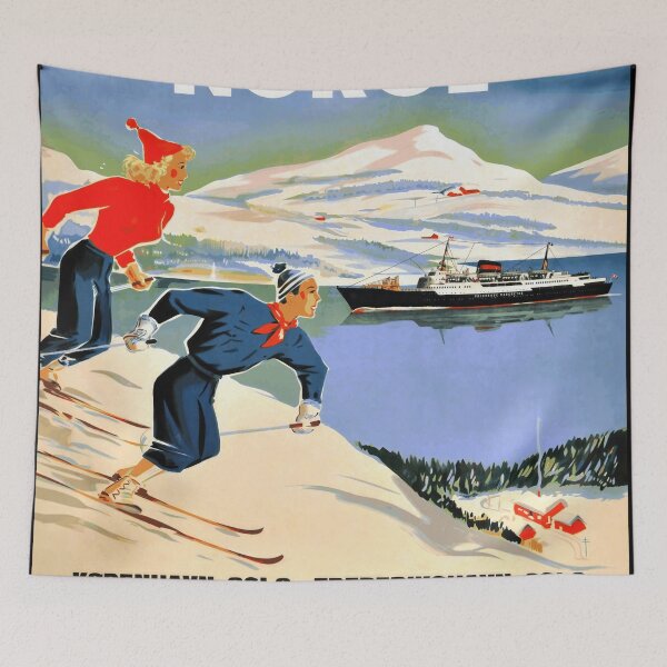 Item preview, Vintage Travel Poster Norway | Mid-Century Skiing & Ferry Adventure | DFDS Scandinavian Art | Snowy Mountains  Fjord designed and sold by artofuniverse.