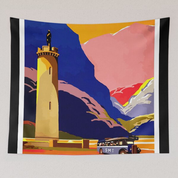 Item preview, Vintage Scotland Travel Poster | Art Deco Style | SMT Bus & Glenfinnan Monument | Bold Colors | Scenic Landscape designed and sold by artofuniverse.