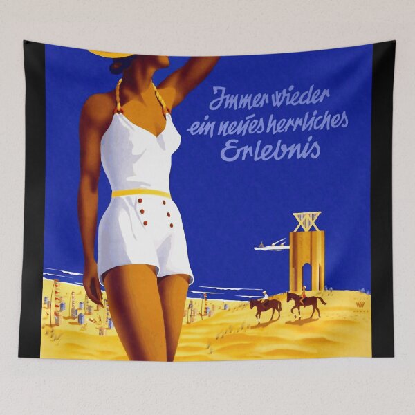 Item preview, Vintage Norderney Travel Poster | Art Deco Beach Scene | Elegant Woman in Swimsuit & Yellow Hat | German Coastal Artwork designed and sold by artofuniverse.