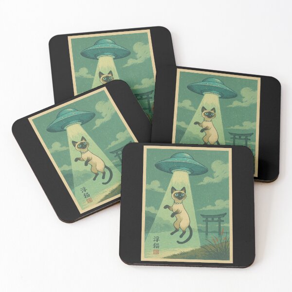Item preview, Floating Siamese Cat UFO Japanese Abduction Retro Quirky Design designed and sold by Damcoc.