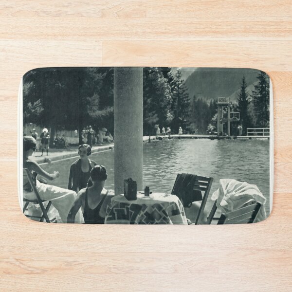 Item preview, Vintage Swiss Travel Poster | Sunshine Holidays in Switzerland | Black & White Art Print | Swiss Alps Pool Scene designed and sold by artofuniverse.