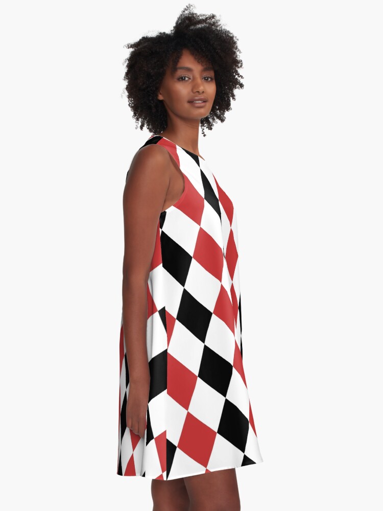 Red, black, white, rhombus pattern, geometric design | A-Line Dress