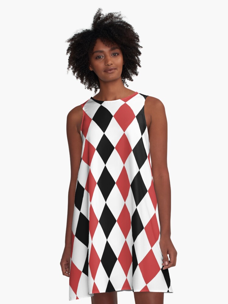 Red, black, white, rhombus pattern, geometric design | A-Line Dress