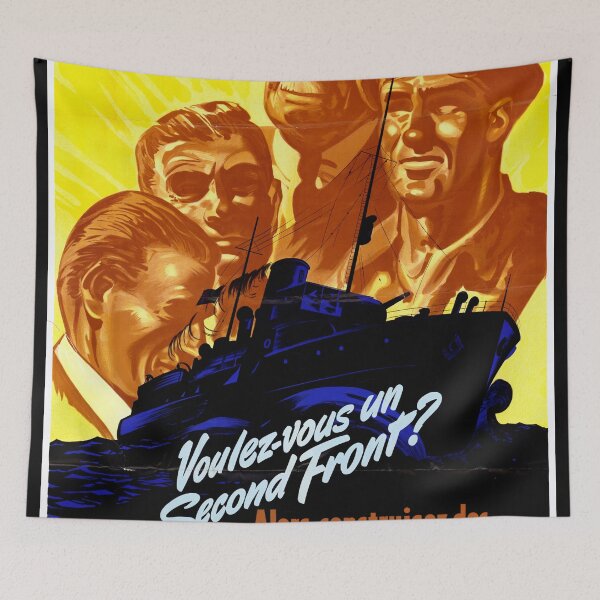 Item preview, World War II Propaganda Poster | French Language Navy Art | Bold Yellow & Blue Warship Design | Mid-20th Century Style designed and sold by artofuniverse.