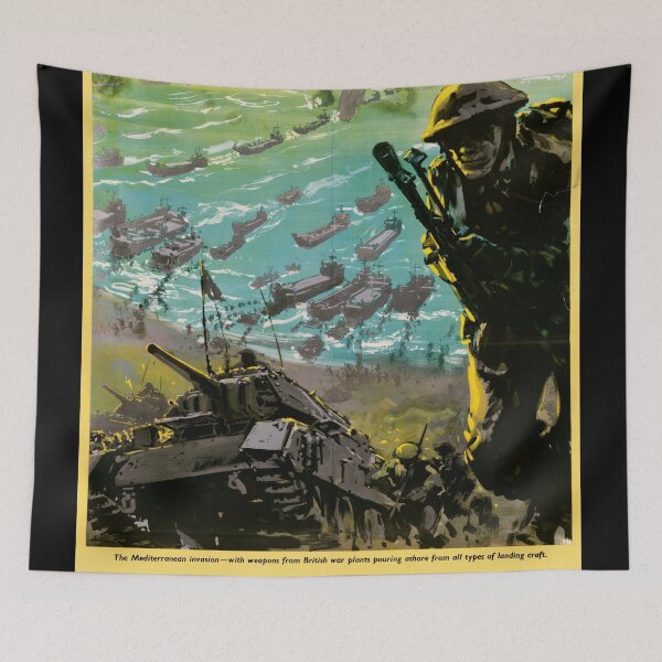 Item preview, World War II Propaganda Poster | The Attack Begins in the Factory | British Military & Industrial Art | Historical Home Decor designed and sold by artofuniverse.