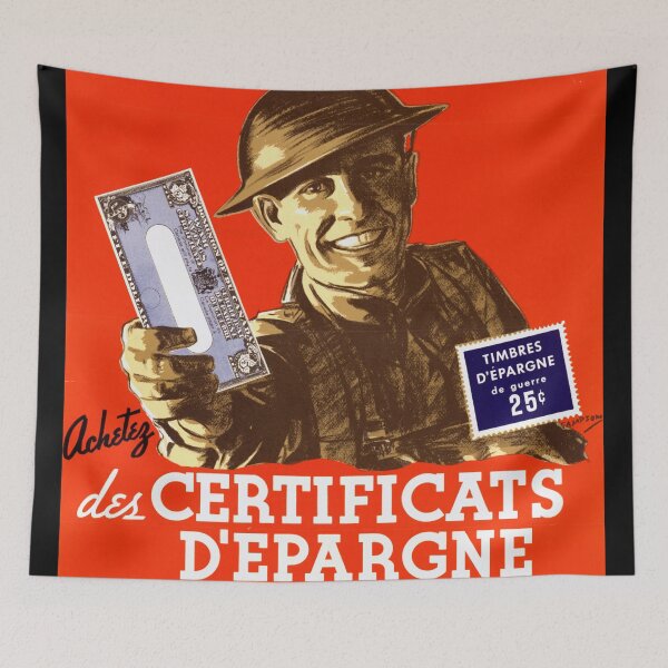 Item preview, Vintage WWI Propaganda Poster | French War Savings Certificate Art | Red & Blue Soldier Illustration | Historical Decor designed and sold by artofuniverse.