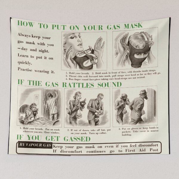 Item preview, Vintage WWII Gas Mask Poster | Historical Civil Defense Art | Home Security Instructions | Wartime Britain Print designed and sold by artofuniverse.