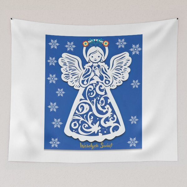 Item preview, Folk Angel Christmas Card – Papercut Style Wesołych Świąt Blue Design designed and sold by AmberWit.