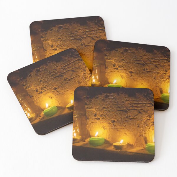 Item preview, Cozy Candlelight Scene With Green Tea Light Candles Against Rustic Brick Wall designed and sold by Nmallia.