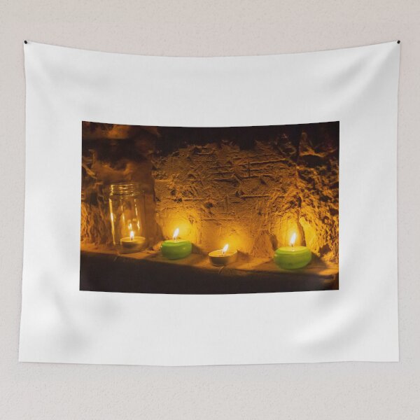 Item preview, Cozy Candlelight Scene With Green Tea Light Candles Against Rustic Brick Wall designed and sold by Nmallia.