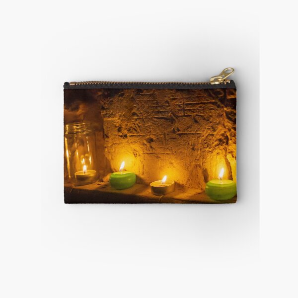 Item preview, Cozy Candlelight Scene With Green Tea Light Candles Against Rustic Brick Wall designed and sold by Nmallia.
