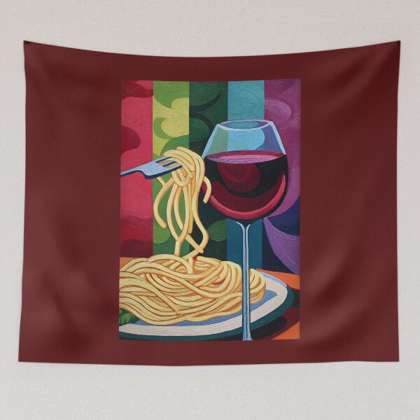 Item preview, Savor the Moment- Fork Twirling Spaghetti Beside a Glass of Wine on a Vibrant Background designed and sold by OlfactoART Studio.