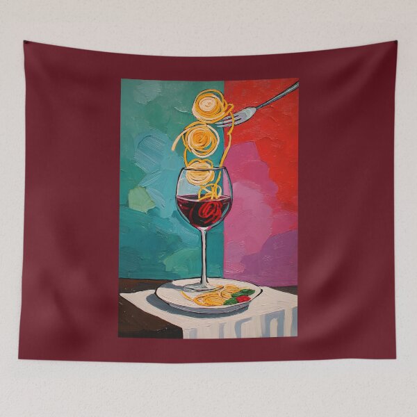 Item preview, A Whimsical Dance of Flavor- Fork Twirling Pasta Above a Glass of Red Wine in Vibrant Color designed and sold by OlfactoART Studio.