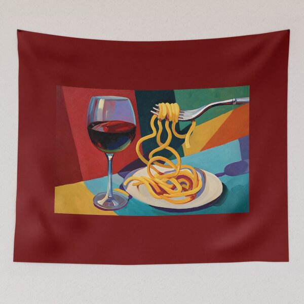 Item preview, Saborea el momento: un vibrante plato de espaguetis con tenedor y una copa de vino tinto sobre un fondo de color arremolinado. designed and sold by OlfactoART Studio.