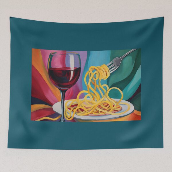 Item preview, Un festín lúdico de color: espaguetis y vino tinto en una composición abstracta vibrante y arremolinada designed and sold by OlfactoART Studio.