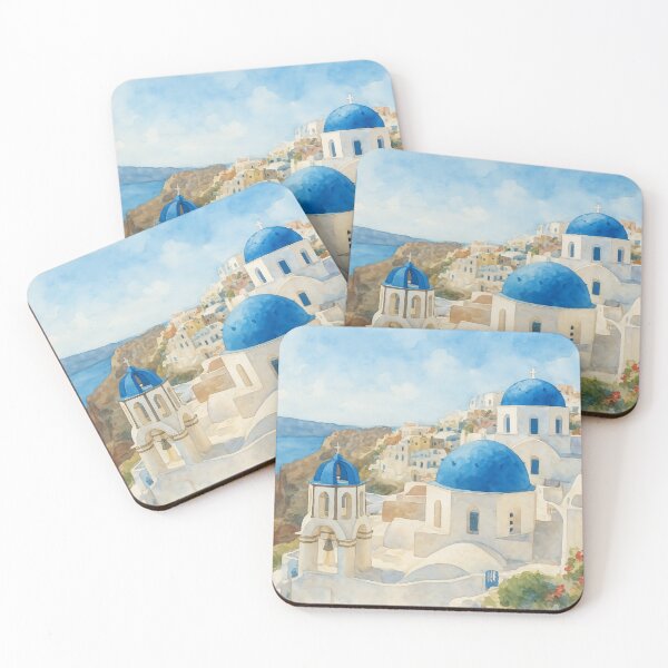 Item preview, Watercolor Santorini Greece Landscape – Blue Domes and Sea View designed and sold by elgreko.