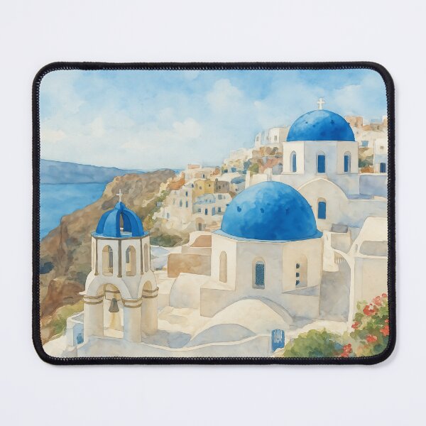 Item preview, Watercolor Santorini Greece Landscape – Blue Domes and Sea View designed and sold by elgreko.