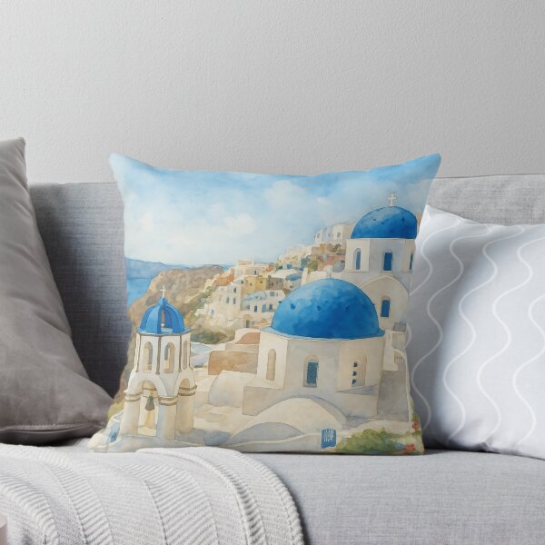 Item preview, Watercolor Santorini Greece Landscape – Blue Domes and Sea View designed and sold by elgreko.