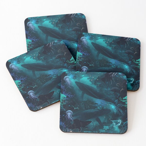 Item preview, Giants of the Abyss: Ethereal Deep Sea Pattern with Whales, Jellyfish, and Luminous Coral in Dark Blue designed and sold by MoonlitDoodles1.