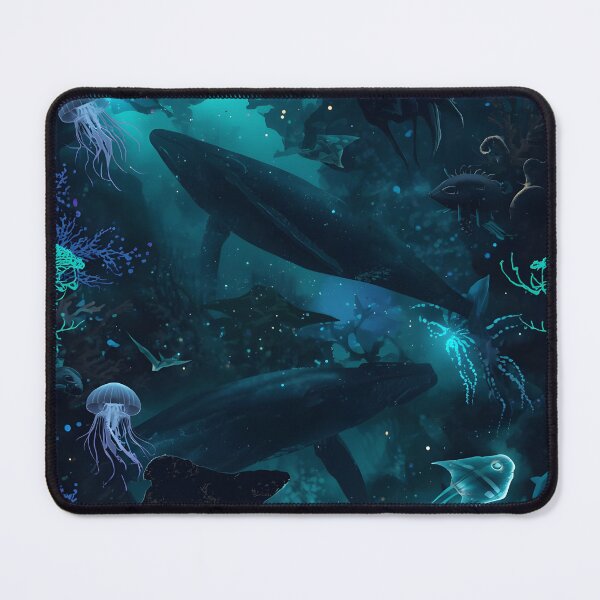 Item preview, Giants of the Abyss: Ethereal Deep Sea Pattern with Whales, Jellyfish, and Luminous Coral in Dark Blue designed and sold by MoonlitDoodles1.