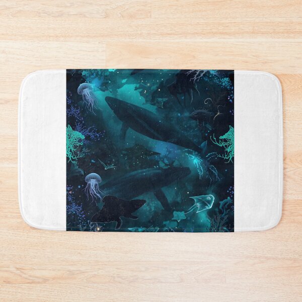 Item preview, Giants of the Abyss: Ethereal Deep Sea Pattern with Whales, Jellyfish, and Luminous Coral in Dark Blue designed and sold by MoonlitDoodles1.