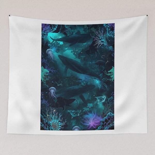 Item preview, Giants of the Abyss: Ethereal Deep Sea Pattern with Whales, Jellyfish, and Luminous Coral in Dark Blue designed and sold by MoonlitDoodles1.