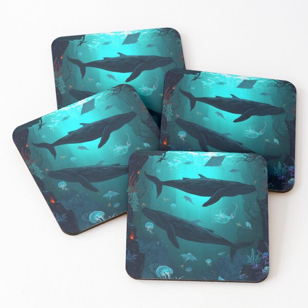Item preview, Sublime Deep Sea Trench: Seamless Pattern of Whales, Ghostly Rays, and Bioluminescent Organisms in Dark Blue designed and sold by MoonlitDoodles1.