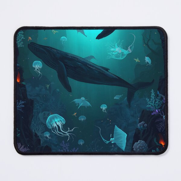 Item preview, Sublime Deep Sea Trench: Seamless Pattern of Whales, Ghostly Rays, and Bioluminescent Organisms in Dark Blue designed and sold by MoonlitDoodles1.