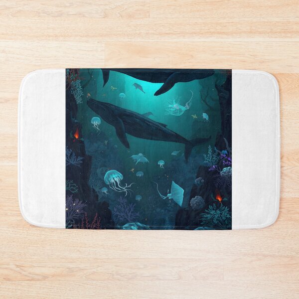 Item preview, Sublime Deep Sea Trench: Seamless Pattern of Whales, Ghostly Rays, and Bioluminescent Organisms in Dark Blue designed and sold by MoonlitDoodles1.