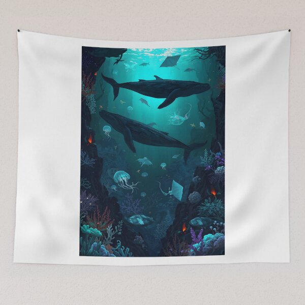 Item preview, Sublime Deep Sea Trench: Seamless Pattern of Whales, Ghostly Rays, and Bioluminescent Organisms in Dark Blue designed and sold by MoonlitDoodles1.