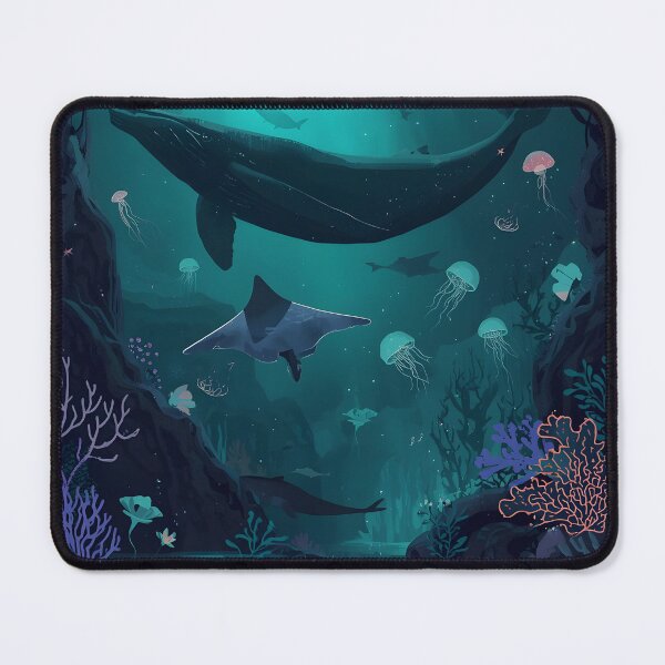 Item preview, Sublime Bioluminescent Cavern Seamless Pattern of Whales, Ghostly Jellyfish, and Flourishing Dark Corals designed and sold by MoonlitDoodles1.