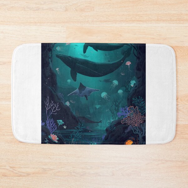 Item preview, Sublime Bioluminescent Cavern Seamless Pattern of Whales, Ghostly Jellyfish, and Flourishing Dark Corals designed and sold by MoonlitDoodles1.