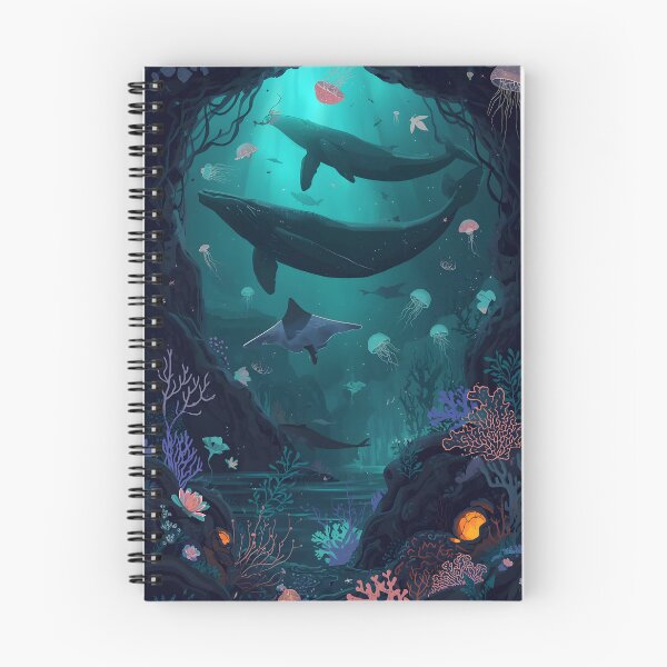 Item preview, Sublime Bioluminescent Cavern Seamless Pattern of Whales, Ghostly Jellyfish, and Flourishing Dark Corals designed and sold by MoonlitDoodles1.