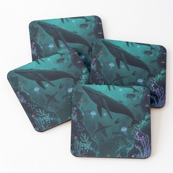 Item preview, Sunlight Through the Abyss: Seamless Pattern of Whales, Bioluminescent Jellyfish, and Crystal Coral in Dark Teal designed and sold by MoonlitDoodles1.