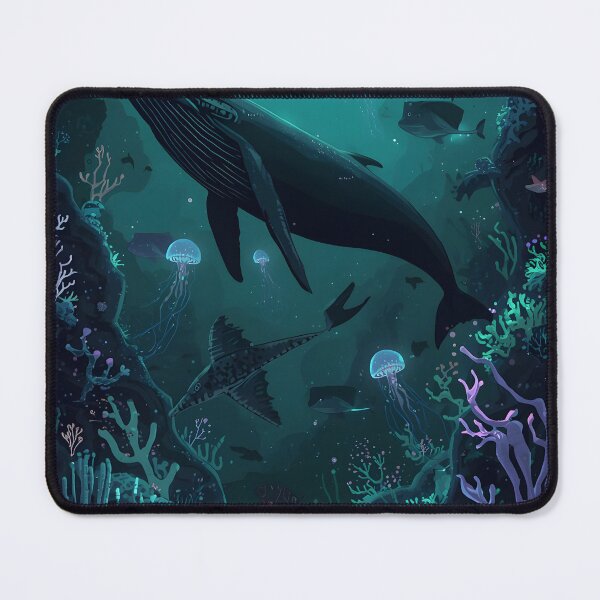 Item preview, Sunlight Through the Abyss: Seamless Pattern of Whales, Bioluminescent Jellyfish, and Crystal Coral in Dark Teal designed and sold by MoonlitDoodles1.