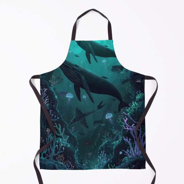 Item preview, Sunlight Through the Abyss: Seamless Pattern of Whales, Bioluminescent Jellyfish, and Crystal Coral in Dark Teal designed and sold by MoonlitDoodles1.