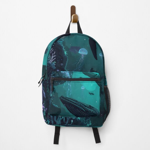 Item preview, Sunlight Through the Abyss: Seamless Pattern of Whales, Bioluminescent Jellyfish, and Crystal Coral in Dark Teal designed and sold by MoonlitDoodles1.