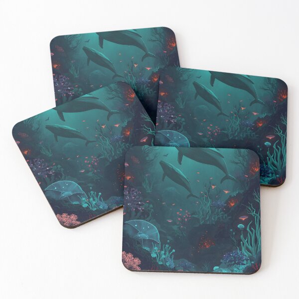 Item preview, Twilight Ascent: Sublime Seamless Pattern of Humpback Whales, Bioluminescence, and Volcanic Coral Vents designed and sold by MoonlitDoodles1.