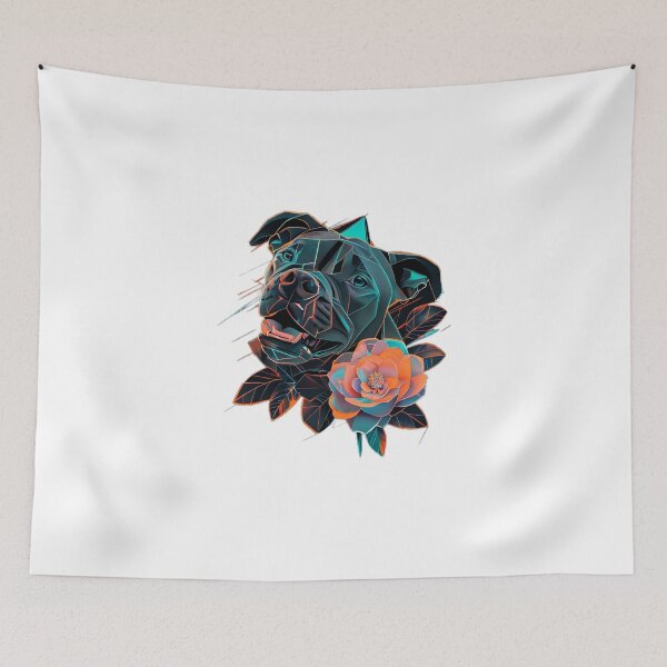 Item preview, Pitbull with Camellia Flowers | Dark and Cyan Abstract Dog Art designed and sold by Naturalite19.