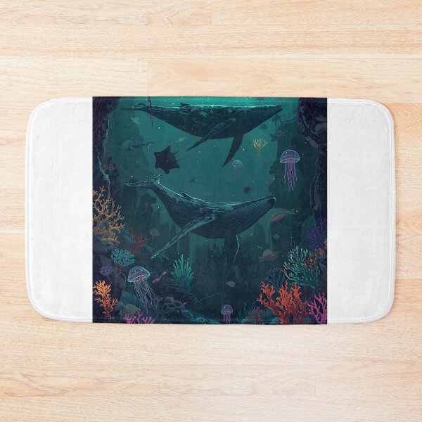 Item preview, Chasm of the Giants: Seamless Pattern of Humpback Whales and Bioluminescent Coral in Dark Teal and Neon Pink designed and sold by MoonlitDoodles1.