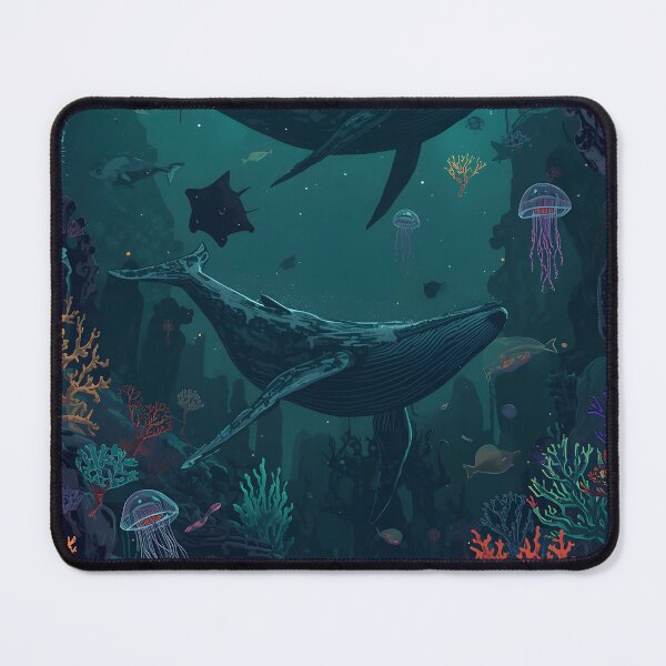Item preview, Chasm of the Giants: Seamless Pattern of Humpback Whales and Bioluminescent Coral in Dark Teal and Neon Pink designed and sold by MoonlitDoodles1.