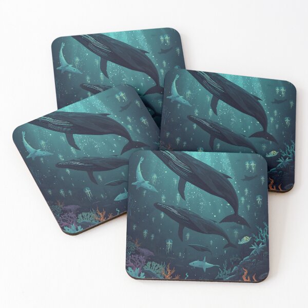 Item preview, Sunlit Depths Encounter: Sublime Seamless Pattern of Ascending Humpback Whales, Ethereal Sharks designed and sold by MoonlitDoodles1.