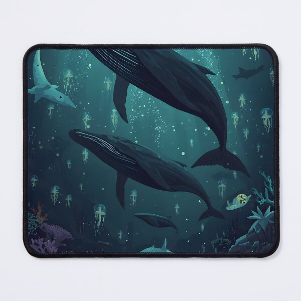 Item preview, Sunlit Depths Encounter: Sublime Seamless Pattern of Ascending Humpback Whales, Ethereal Sharks designed and sold by MoonlitDoodles1.