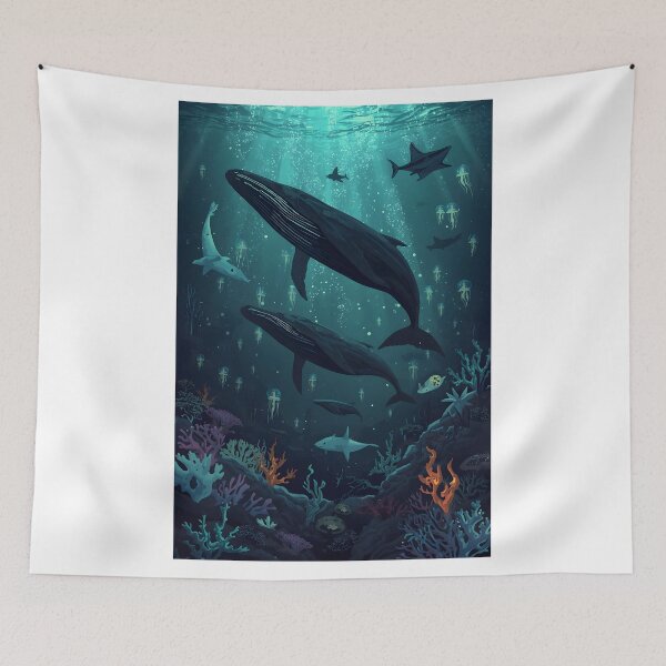 Item preview, Sunlit Depths Encounter: Sublime Seamless Pattern of Ascending Humpback Whales, Ethereal Sharks designed and sold by MoonlitDoodles1.