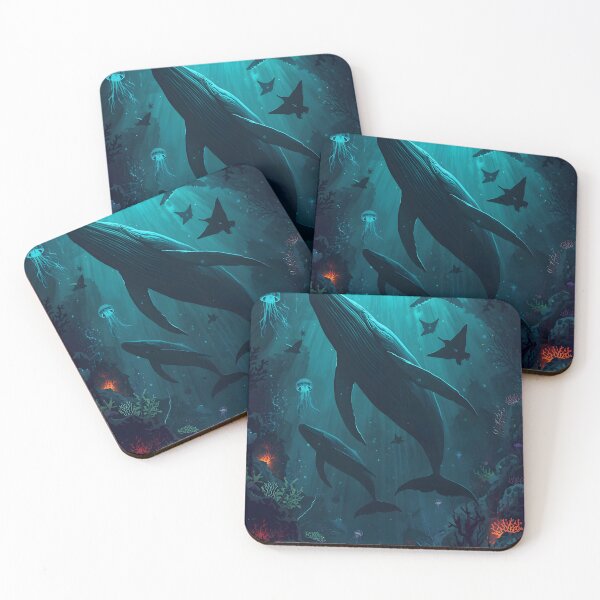 Item preview, Twilight Sanctuary: Seamless Pattern of Whales Ascending from the Abyss with Bioluminescent Coral and Volcanic Vents designed and sold by MoonlitDoodles1.