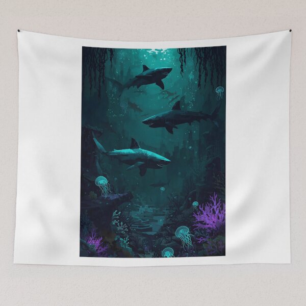 Item preview, Twilight Abyss Predators: Seamless Pattern of Ethereal Sharks, Luminous Jellyfish, and Gothic Coral Ruins designed and sold by MoonlitDoodles1.