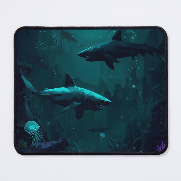Item preview, Twilight Abyss Predators: Seamless Pattern of Ethereal Sharks, Luminous Jellyfish, and Gothic Coral Ruins designed and sold by MoonlitDoodles1.