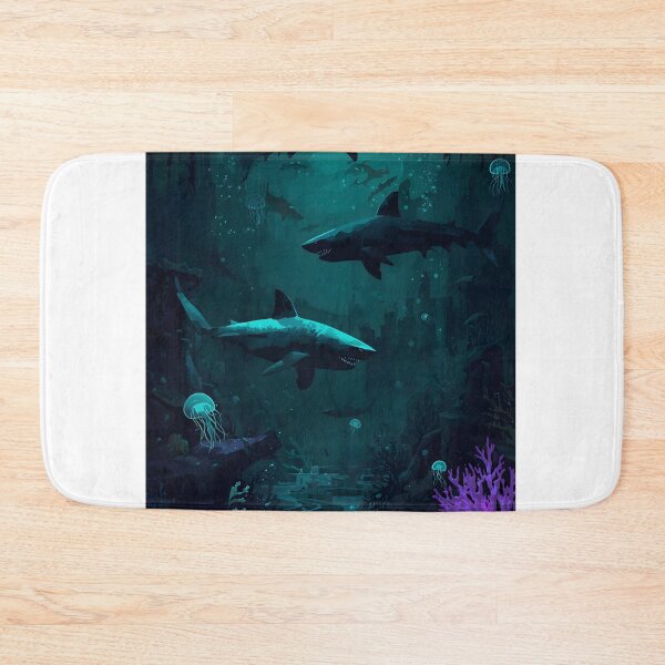 Item preview, Twilight Abyss Predators: Seamless Pattern of Ethereal Sharks, Luminous Jellyfish, and Gothic Coral Ruins designed and sold by MoonlitDoodles1.