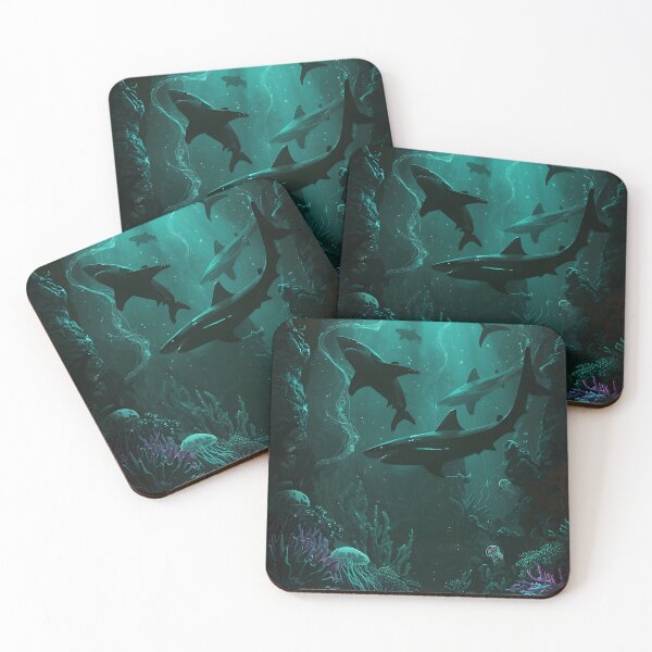 Item preview, Chasm of Predators: Seamless Pattern of Large Sharks and Ethereal Jellyfish in Submerged Gothic Ruins designed and sold by MoonlitDoodles1.